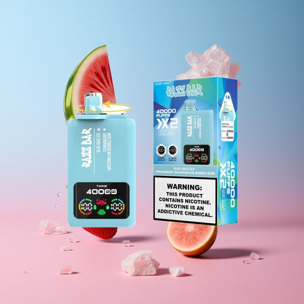 Razz Bar 40000 Puffs Disposable Vape Blue Razz Ice-Strawberry Watermelon Bubble Gum Power Screen Display