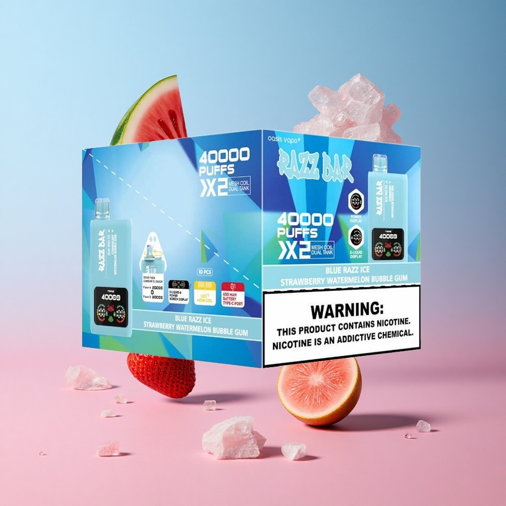 Razz Bar 40000 Puffs Disposable Vape Blue Razz Ice-Strawberry Watermelon Bubble Gum Power Screen Display