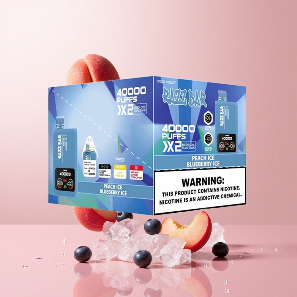 Razz Bar 40000 Puffs Disposable Vape Peach Ice Blueberry Ice Power Screen Display