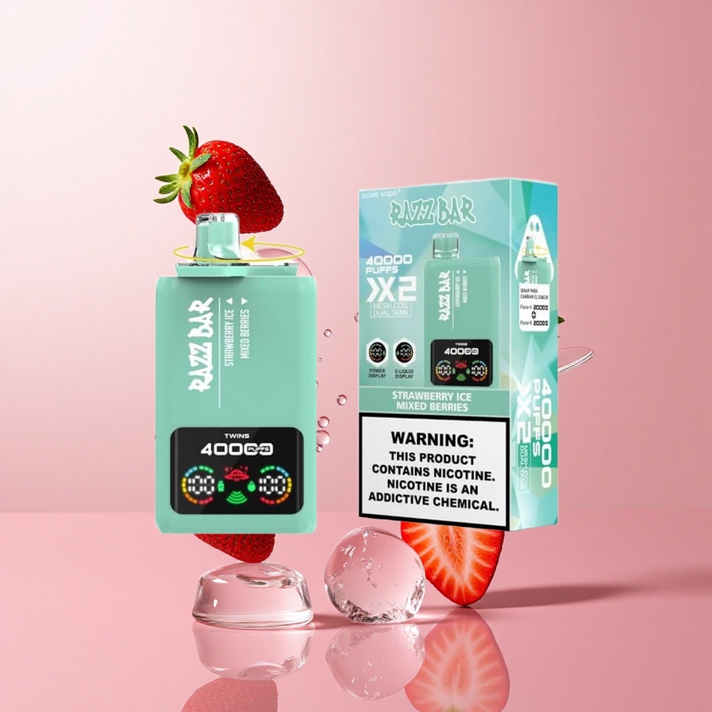 Razz Bar 40000 Puffs Disposable Vape Strawberry Ice Mixed Berries Power Screen Display
