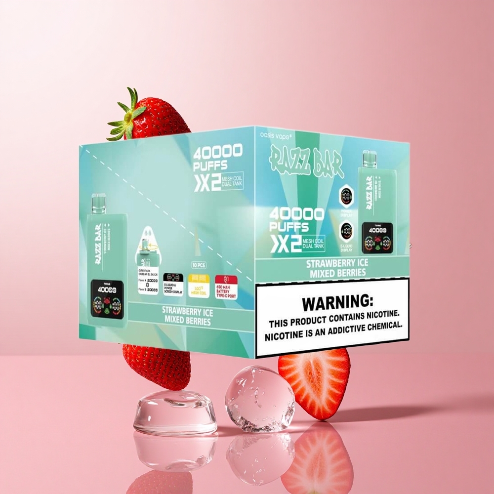 Razz Bar 40000 Puffs Disposable Vape Strawberry Ice Mixed Berries Power Screen Display